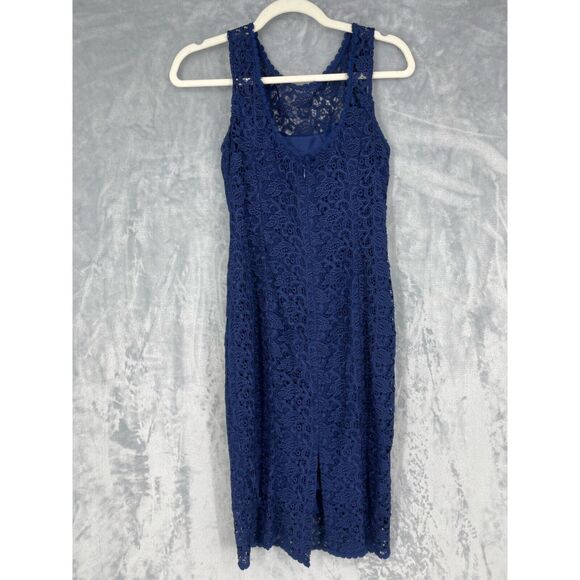 White House Black Market Dress 2 Navy Blue Lace Sheath Sleevless Satin Lined - Picture 4 of 16